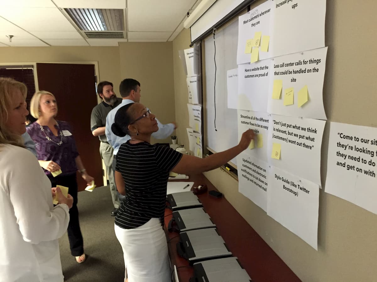 KUB team voting on project goals by putting post-it notes on the goals they agree with